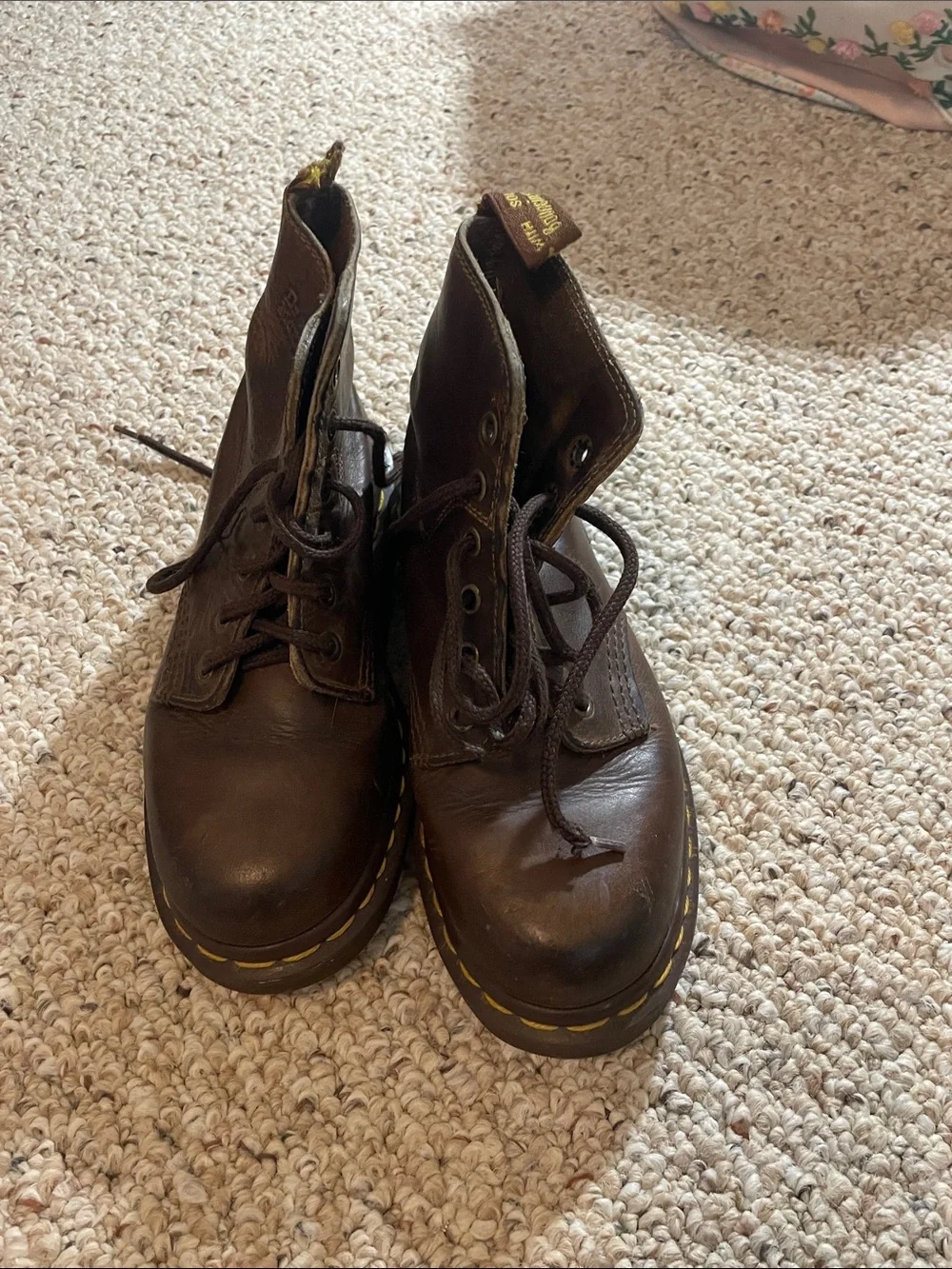Dr. Martens Brown Leather Lace-Up Combat Boots with Yellow Stitching
